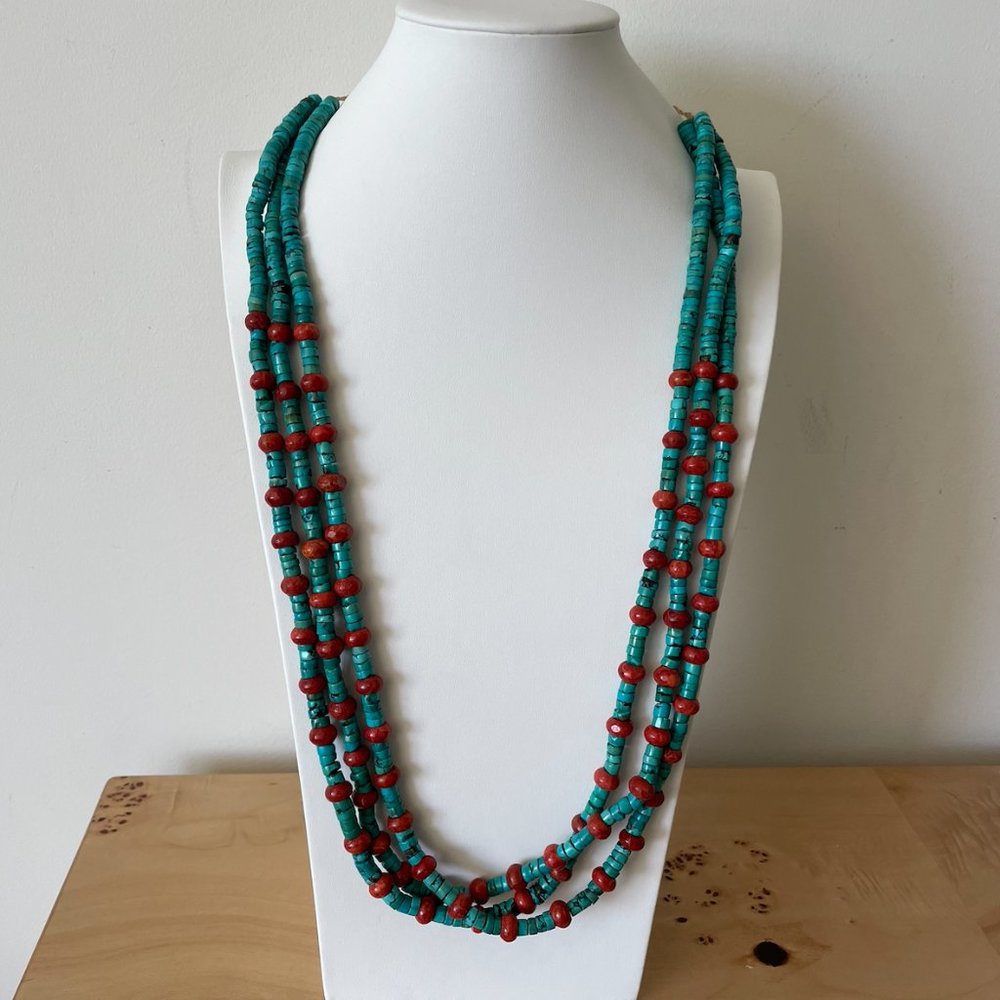 Turquoise and Coral Beaded Heshi Necklace Large